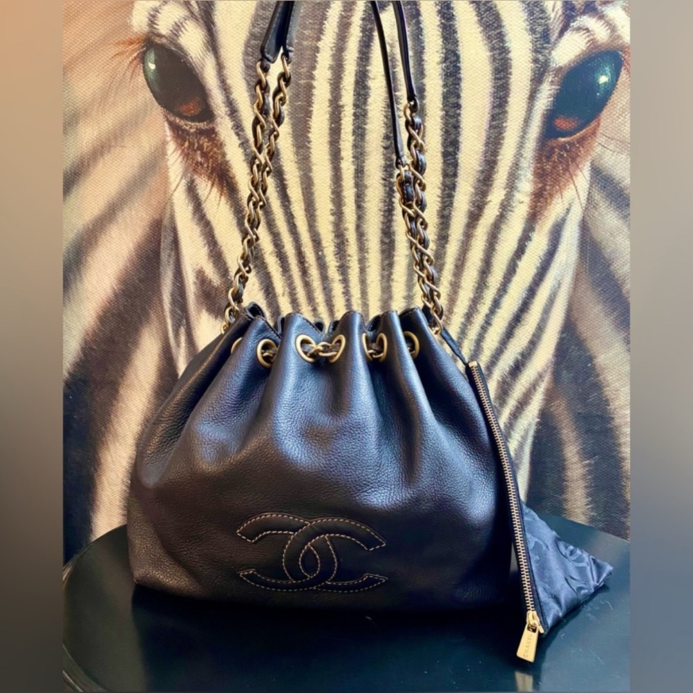 Authentic Chanel CC Large Logo Caviar Bucket Bag
